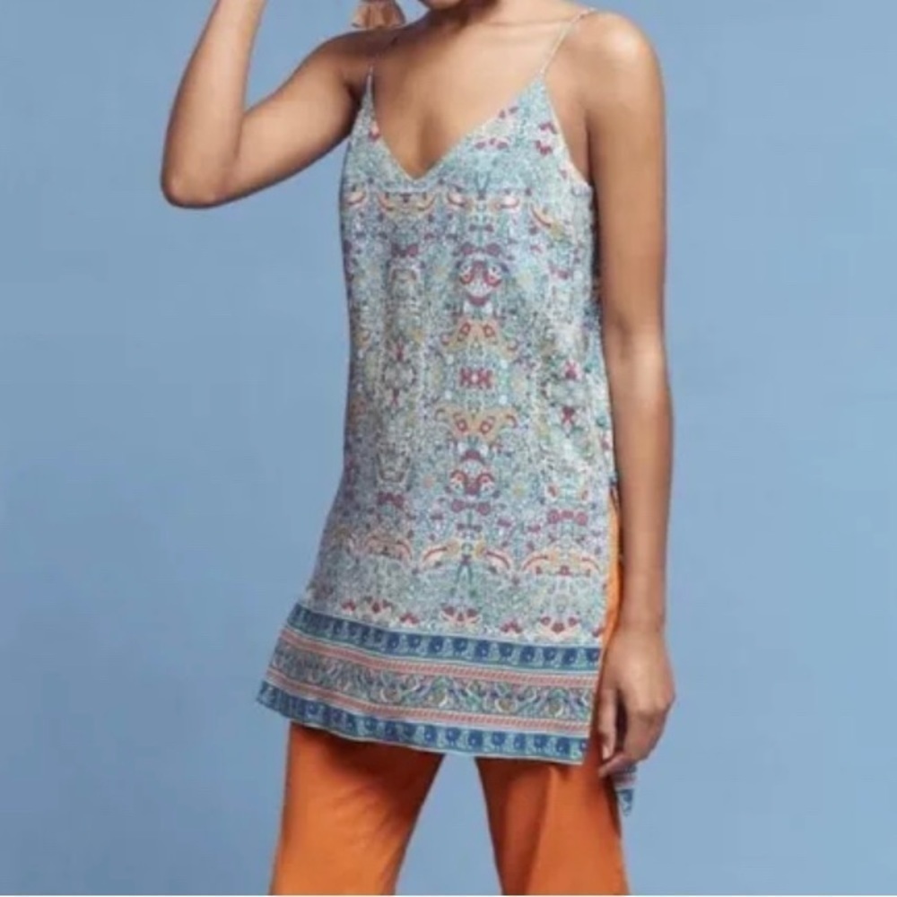 NWOT ANTHROPOLOGIE MAEVE MERET 100% SILK TUNIC TURQUOISE/PINK SIZE 10